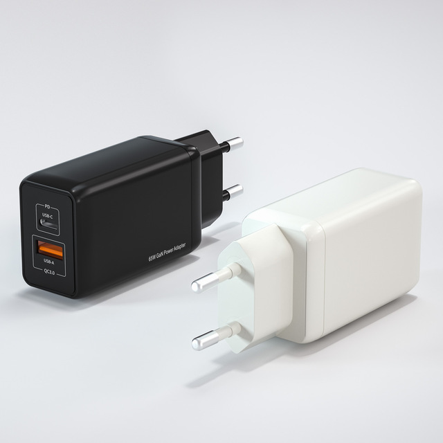 Factory Wholesale 65W 1 USB-A 1 Type-C US EU JP KC AU Plug Smart Portable AC DC Power Supply Adapter GaN PD QC Fast Wall Charger