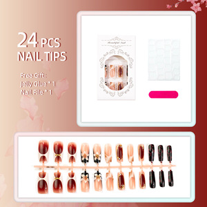 24 piezas de uñas postizas largas hechas a mano con decoración 3D de lámina dorada, perlas y diamantes de imitación, uñas reutilizables a presión para manicura femenina. - Product Image 3