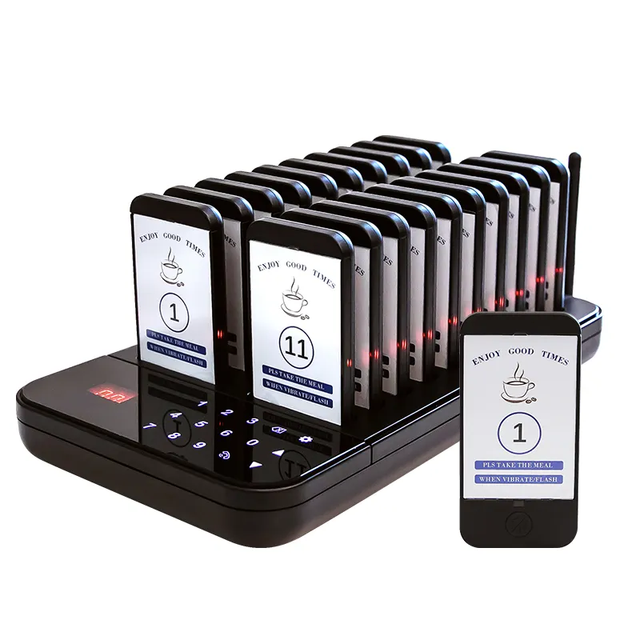 Hot Waterproof Wireless Vibrating 300 Mah Paging Device with 20 Coaster Pagers for Guest Cafe Bar Beeper Calling Paging System