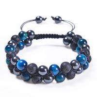 Bracelet de protection triple en gros, double rangée de perles en œil de tigre bleu, pierre de lave et hématite, bijoux de guérison ajustables en macramé