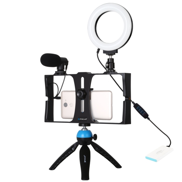 PULUZ 4 in 1 Live Streaming Broadcast Smartphone Video Rig + 4.7 Inch Ring LED Selfie Light Kits With Microphone + Tripod Mount
