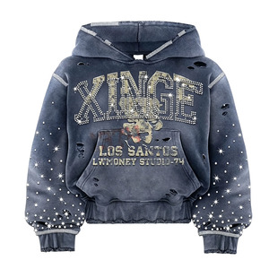 Fabricante de Sudaderas con Capucha Oversize de Estilo Urbano, con Letras de Pedrería, Efecto Desgastado, de Gramaje Pesado y Lavado Vintage, para Venta al por Mayor - Product Image 4