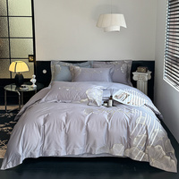 Parure de lit brodée 100 % coton 4 pièces, housse de couette violet clair à bordure large, linge de lit de luxe teint en action pour la maison