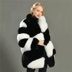 New Trend Women Thick Winter Real Natural Fox Fur Long Coats Overcoat Black And White Fox Fur Coat