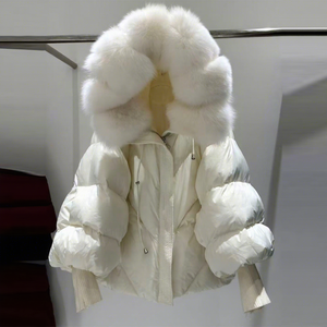 Nuovo Parka Invernale 2025 da <span class=keywords><strong>Donna</strong></span> con Cappuccio in Vera Pelliccia, Giacca Imbottita Calda con Maniche in Maglia, Imbottitura in Piuma d'Oca Bianca, Lunghezza Media - Product Image 4