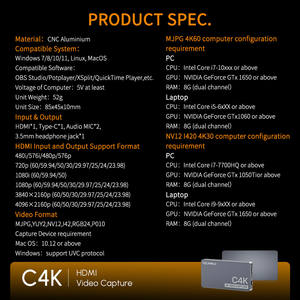 Dispositivo de captura de video profesional FEEWORLD C4K, 4K60Hz HDMI entrada y salida USB 3,0 Tipo-C Compatible con <span class=keywords><strong>OBS</strong></span> Studio Factory Wholesale - Product Image 4