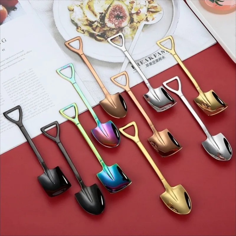 Restaurant Gold Stainless Steel Small Shovel Shaped Scoop Design Mini Rainbow Cake Tea Coffee Ice Dessert Spoon