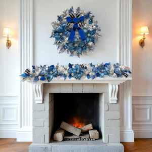 Blue &amp; Silver Snowflake Christmas Garland,Glitter Poinsettias &amp; Ornaments,<strong>Winter</strong> <strong>Wonderland</strong> <strong>Decor</strong> for Holiday Mantel/Staircase - Product Image 5