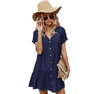 Factory Custom Wholesale Supplier Hot Sales Discount Short Sleeve A-line Solid Color Pleat Button Mini Dress