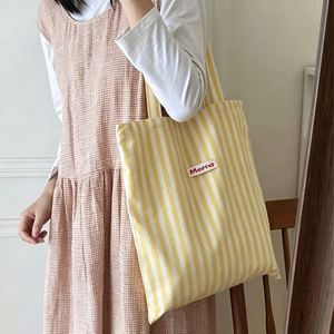 New Eco Friendly Shopping <b>Gift</b> <b>Bag</b> Striped Pattern Cotton Canvas Shopper Tote <b>Bag</b> with Woven Label - Product Image 3