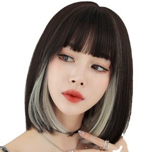 Perruque Bob Courte Synthétique Femme, Effet Amincissant, <span class=keywords><strong>Frange</strong></span> Droite, Boucles Inversées, Longueur Clavicule, Perruque Complète, Tendance Internet, Effet Highlight Peekaboo - Product Image 6