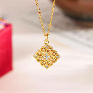 Collar Cuadrado Ruyi de Plata de Ley S925 con Diamante de Corte Brillante Redondo y Cadena de Clavícula con Textura Dorada para Mujer, Regalo - Product Image 4