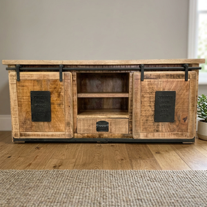 Mueble de TV de Estilo Industrial Rústico, Hecho a Mano en India, de Hierro y Madera Maciza, con Puerta Corredera, Iluminación LED, para Sala de Estar - Product Image 2
