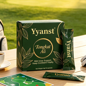 Café Énergisant Tongkat Ali pour Soutien Intérieur Doux et Vitalité Confidentielle 10g*10 Sachets Boîte Feuille Dorée Vert Foncé OEM Marque Privée Vente en Gros - Product Image 4