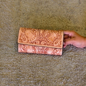 Leather Women's Designer Luxury Hand Tooling Carving <b>Wristlet</b> Clutch RFID Protection Anti-Theft Multi-Function Long Button - Product Image 1