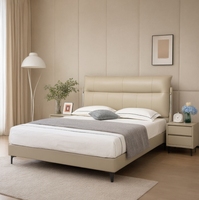 Cadre de lit moderne minimaliste beige en cuir véritable avec tête de lit capitonnée pour chambre principale