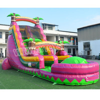 Toboggan aquatique gonflable de qualité commerciale avec piscine, motif palmier tropical, toboggan gonflable robuste pour location extérieure et événements.