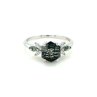 Bague en argent sterling 925 à coupe hexagonale avec agate mousse naturelle et petites pierres marquises latérales, best-seller