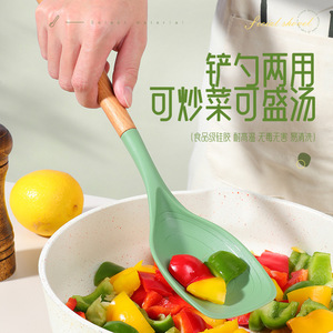 Spatule-cuillère en silicone avec manche en bois de hêtre, multi-usages, résistante aux hautes températures, antiadhésive, pour la cuisson et la friture - Product Image 1