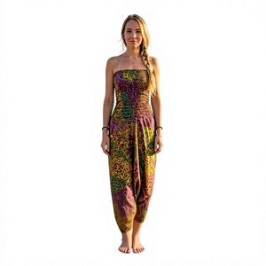 Nouvelle combinaison tendance pour femmes, style bohème Aladdin, taille haute, col carré, longueur intégrale, décoration vintage, 100% coton - Product Image 1