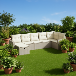 Conjunto de Sofá de Jardín de Ratán Sintético Beige con Cojines, Muebles de Exterior de Diseño Contemporáneo - Product Image 2