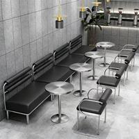 Ensemble de mobilier de café commercial moderne en acier inoxydable, banquette en cuir noir, chaise de salle à manger, table de bar ronde, restaurant, bistrot