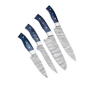 Ensemble de 4 couteaux de cuisine en acier damas fait main, lame en acier, manche en bois Pakka avec embout en acier et mosaïque - Product Image 1