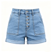 Shorts en jean taille haute boutonnés pour femme, en viscose extensible, avec ourlet retroussé, vente en gros usine