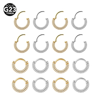Cincin Hidung Titanium G23 Bulat Berhiaskan Zirkon dengan Engsel Bertabur Zirkon, Cincin Hidung Model Prong Setting Trendi