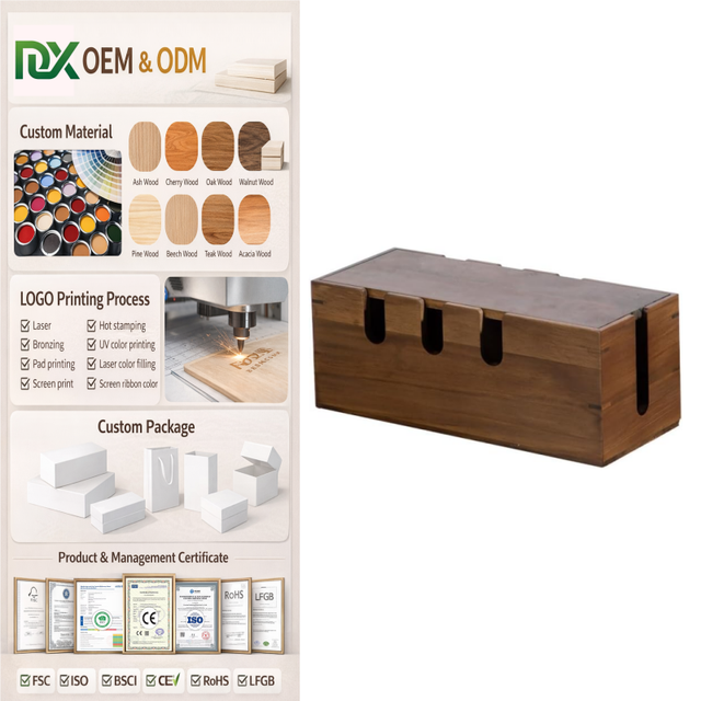 Wooden Cable Management Box, Solid Wood Cord Organizer for Office Desk Accessories, Power Strip Enclosure & Wire Hider