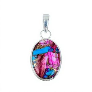 Colgantes Finos de Plata de Ley 925 con Turquesa Natural Rosa Ostra y Engaste de Bisel con Corte Ovalado para Fiesta, Venta al por Mayor - Product Image 3