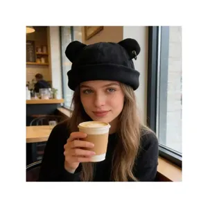 Cappello a Secchiello da Donna Nero in Poliestere Felpato Leggero e Caldo per Autunno Inverno, Stile Streetwear con Design di Orecchie di Animali - Product Image 2