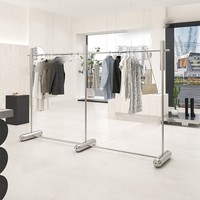 Estante de exhibición de ropa de acero inoxidable brillante para tienda, perchero para abrigos de mujer con colgadores laterales, estante de exhibición tipo isla central de suelo a techo