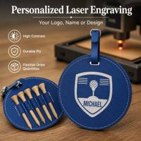 Étiquette de sac de golf ronde en similicuir gravable au laser avec 5 tees en bois vierges à graver au laser, porte-tees en cuir PU pour sac de golf