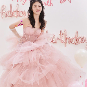 Pink Strapless Empire Waist Tulle Gown For Birthday Party Coming Of Age Ceremony Evening Dress - Product Image 1