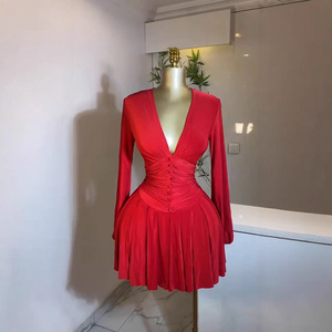 Vestido de Manga Larga con Cuello en V Fruncido Estilo Francés para Mujer |   Vestido Mini Plisado Ajustado a la Cintura - Product Image 1