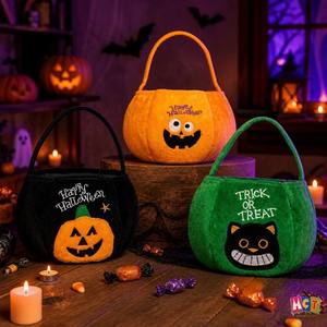 Sac à bonbons en peluche d'Halloween pour enfants – 5 modèles – Velours doux – <span class=keywords><strong>Citrouille</strong></span>, Sorcière, Chat, Vampire – Écologique, Réutilisable, Personnalisable – Pour Fête - Product Image 3