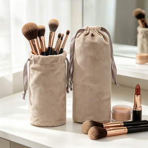 Bolsa de Lujo de Gamuza Beige con Cordón, Bolsa Larga con Cierre de Cinta, Bolsa de Viaje para Guardar Brochas de Maquillaje y Joyas - Product Image 5