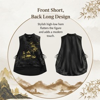 Gilet en soie Xiangyunsha peint à la main pour femme, coupe asymétrique, sans manches, style chinois moderne, ouvert sur le devant, pour superposition, vente en gros