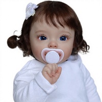 Boneka Bayi Reborn 22 Inci, Vinyl Lembut, Dilukis Tangan, Realistis, Bayi Perempuan Baru Lahir, Rambut Keriting Cokelat, Mata Biru, Pakaian Rajut Putih