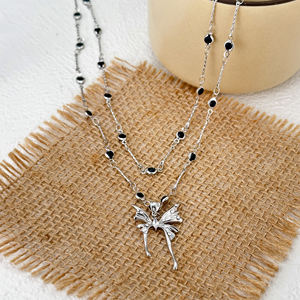 Collana moda a doppia catena in ottone rodio oro bianco K ciondolo a farfalla bianco zirconio diamante nero collana di pietra - Product Image 6