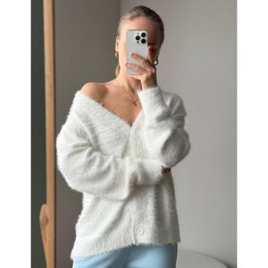 Cardigan en mohair duveteux pour femme, col en V, boutonné, manches longues, tricoté, ouvert sur le devant, style ample, pull décontracté d'hiver - Product Image 5