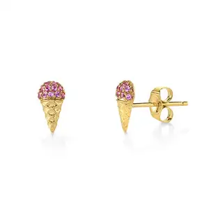 Cute lovely 925 sterling silver funny earrings 18k gold plated pink zircon ice cream stud earrings for girls