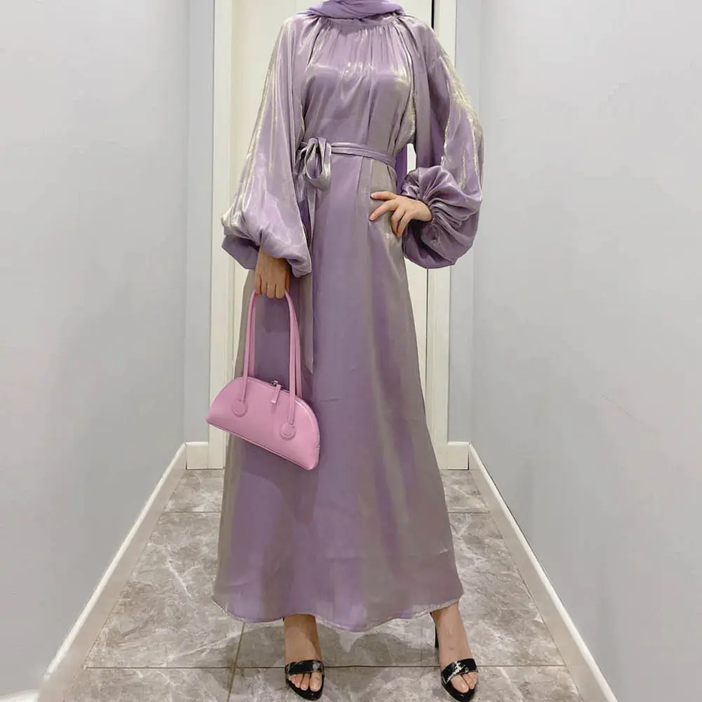 Bicomfort New Fancy Turkish Silk Robe XXL Size Islamic Maxi Dress with Long Lantern Sleeve Modest Smooth Shimmer Kaftan Abaya