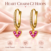 Boucles d'oreilles créoles fines plaquées or avec zircons cubiques et breloques cœur rose – Cadeau tendance pour mariage et fête pour femme – Bijoux de mode