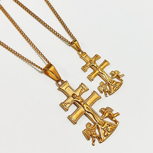 Colgante de acero inoxidable con forma de <span class=keywords><strong>cruz</strong></span> de 316L y oro Real de 18k, colgante religioso de <span class=keywords><strong>Caravaca</strong></span>, colgante de <span class=keywords><strong>Cruz</strong></span> con colgante de Ángel y querubín, 35mm - Product Image 4
