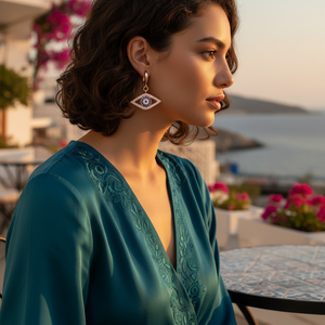 Boucles d'oreilles pendantes tendance et populaires en argent sterling 925 avec pierre CZ en forme d'œil, fabrication artisanale turque, vente en gros - Product Image 3