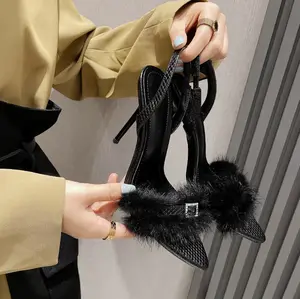 Sandalias de lujo para mujer, zapatos de tacón alto de aguja, con hebilla cuadrada, de piel sintética, color negro, sepatu wanita, SL4339