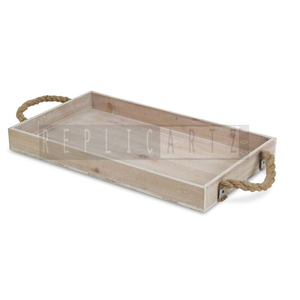 Plateau de service rustique en bois avec poignées en corde, plateau rectangulaire pour table basse, salle à manger et décoration intérieure - Product Image 2