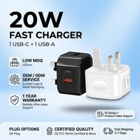 Cargador Rápido de Pared con Doble Puerto USB-A y Tipo-C, 20W PD QC3.0, Adaptador de Corriente con Enchufe UK para Viajes, Compatible con iPhone, Samsung y Android